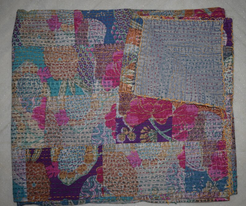 Kantha Hand Made Floral Printed Double Bed Cotton Quilt Blanket in Warm Throw size 90x108
