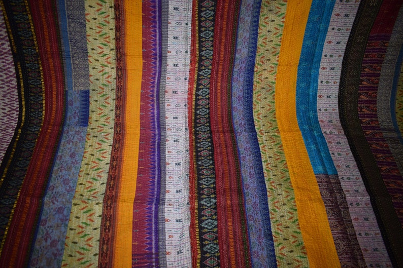 Vintage Silk Patola Kantha Printed Patchwork Quilt Throw Gudri Queen Size