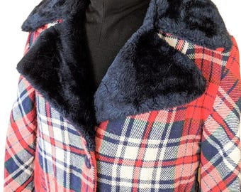 Vintage Red & Navy/Black Plaid Winter Coat | Size Large | Faux Fur Collar | As-Is