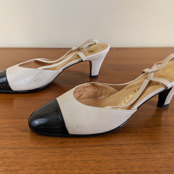 Delman White and Black Back Strap Heel | 7.5