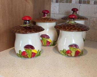 Sears Roebuck and Co. Merry Mushroom canisters - Sugar and Flour Containers - Set of Four 4