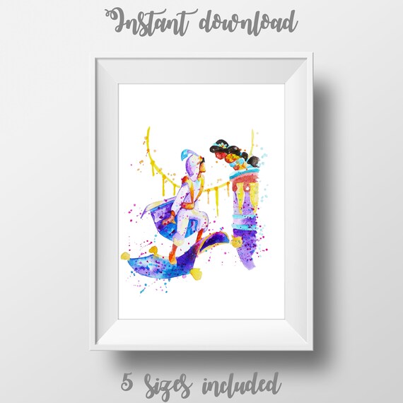 Aladdin And Jasmine Disney Poster Watercolor Magic Carpet Etsy