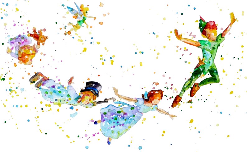 Peter Pan and Wendy Art Print Peter Pan Flying Watercolor Wall | Etsy