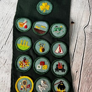 May include: A green sash with a variety of embroidered badges, including a clover, a tent, a campfire, and a milk carton. The badges are arranged in rows and are all in different colours.