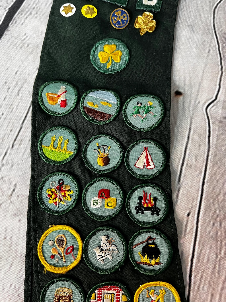 May include: A green sash with a variety of embroidered badges, including a clover, a tent, a campfire, and a milk carton. The badges are arranged in rows and are all in different colours.
