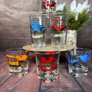 Vintage 1950s Hazel Atlas Set of 8 Antique Car Tumbler Glasses