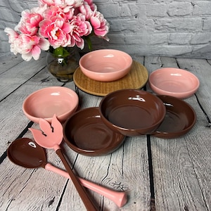 Vintage Set of 6 Pink and Brown Milk Glass Salad Bowls w/Servers