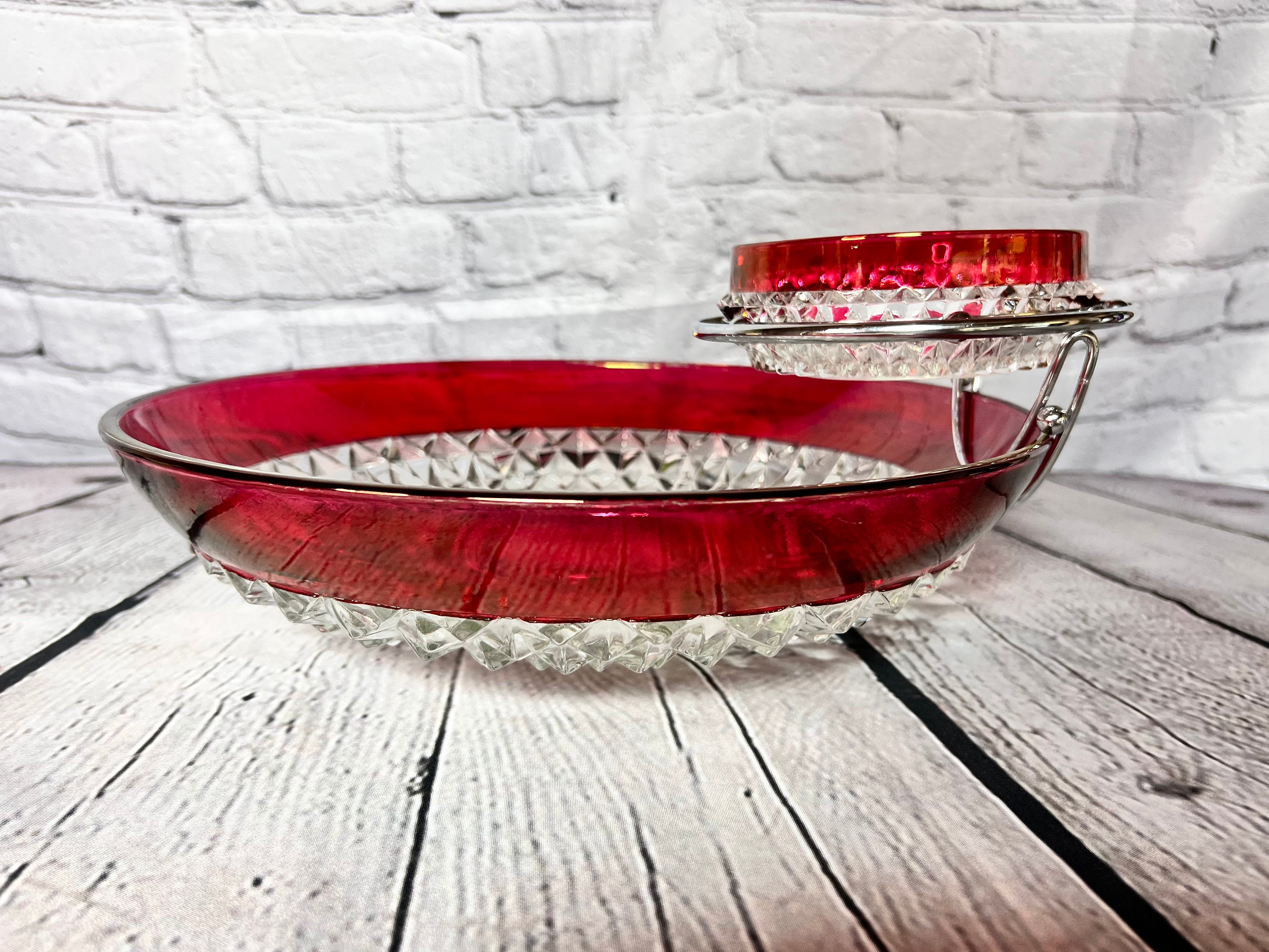Red Indiana Glass, Bowl With Green Base, Vintage, Christmas, Gift