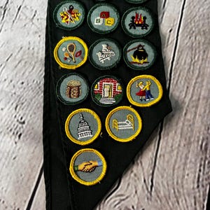 May include: A green sash with a collection of Girl Guide badges. The badges are round and feature various designs, including a tent, a campfire, a house, and a schoolhouse. The sash is made of a dark green fabric and has a frayed edge.