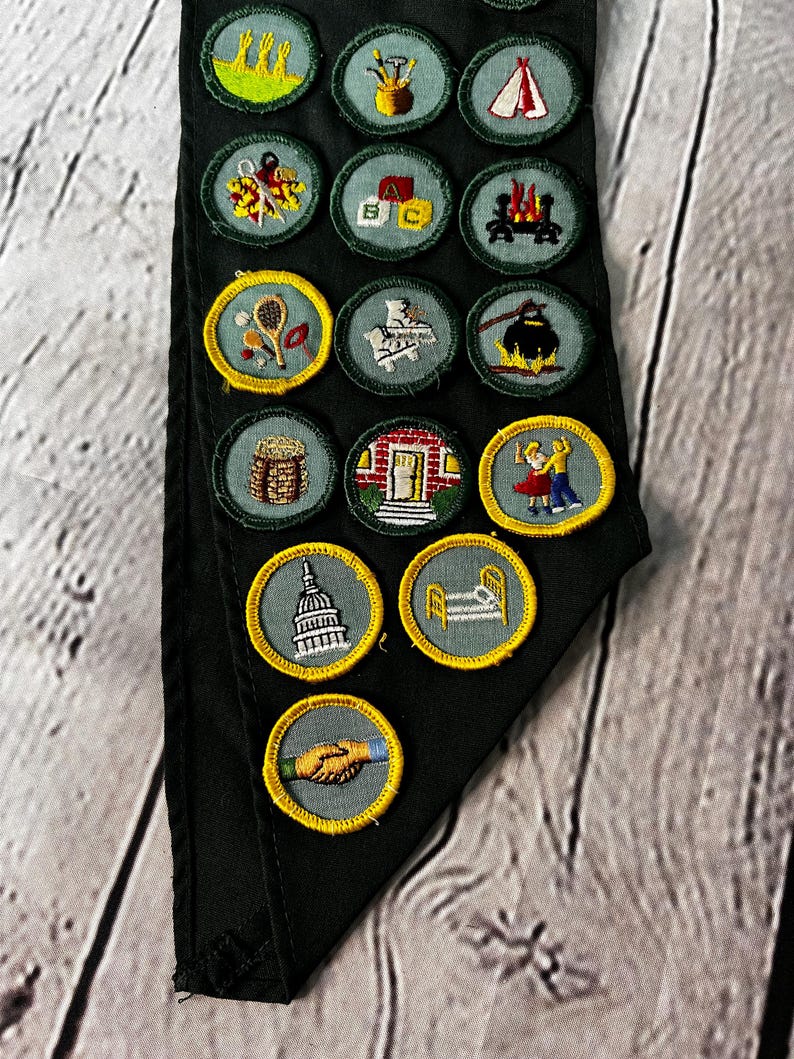 May include: A green sash with a collection of Girl Guide badges. The badges are round and feature various designs, including a tent, a campfire, a house, and a schoolhouse. The sash is made of a dark green fabric and has a frayed edge.