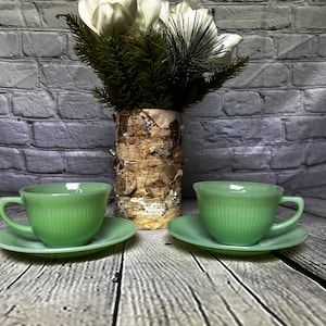 Vintage Set of 2 Fire King Jane Ray Jadeite Cups & Saucers