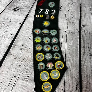 May include: A green Girl Guide sash with the number "763" and a variety of embroidered badges. The badges include a flower, a clover, a tent, a campfire, a house, a bed, and a handshake.