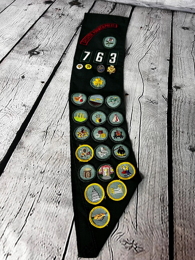 May include: A green Girl Guide sash with the number "763" and a variety of embroidered badges. The badges include a flower, a clover, a tent, a campfire, a house, a bed, and a handshake.