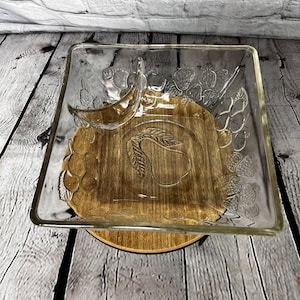 Vintage Embossed 9” Square Clear Glass Serving Bowl