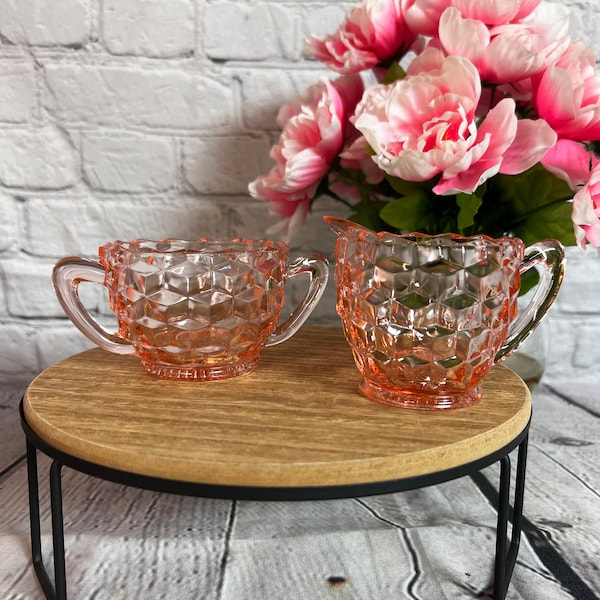 Vintage 1930s Jeanette Pink Depression Glass Cube Pattern Sugar Bowl and Creamer