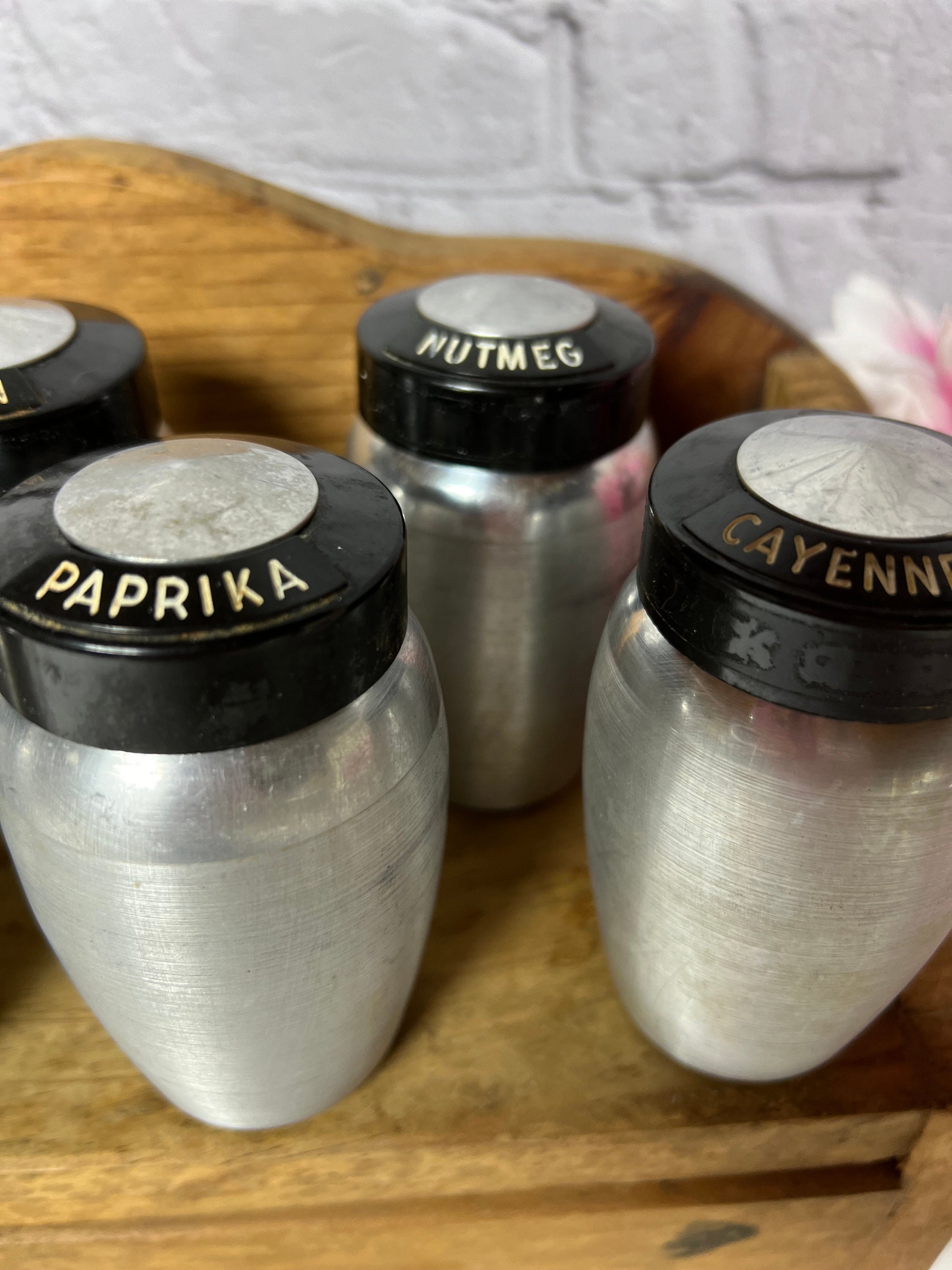 Vintage 1950s Kromex Set of 8 Aluminum Spice Shaker Bottles