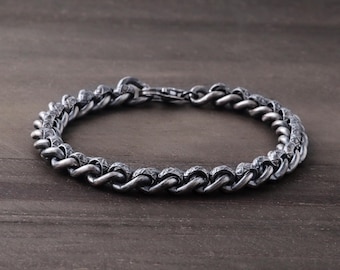 Mens Oxidized Sterling Silver Cuban Bracelet Vintage Patterned Curb Link Bracelet 7.3mm