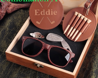 Groomsmen Gifts Set, Personalized Golf Ball Marker, Wooden Sunglasses in Wooden Groomsmen Gift Box, Best Man Proposal, Engraved Golf Bag Tag