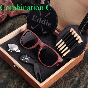 Coffret cadeau de golf pour garçons d'honneur, coffret cadeau de golf personnalisé pour garçons d'honneur, lunettes de soleil et plongeoir de golf personnalisés gravés, cadeaux de golf pour papa
