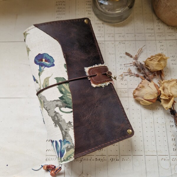 Leather Travelers Sketchbook with watercolour inserts, covered with a Vintage Sanderson floral.