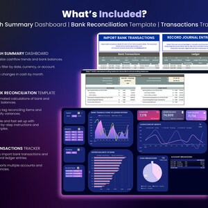 May include: A screenshot of a computer screen displaying a spreadsheet with a blue background. The spreadsheet is divided into three sections: Cash Summary Dashboard, Bank Reconciliation Template, and Transactions Tracker. Each section provides a description of the features included in the spreadsheet. The spreadsheet also includes charts and graphs.