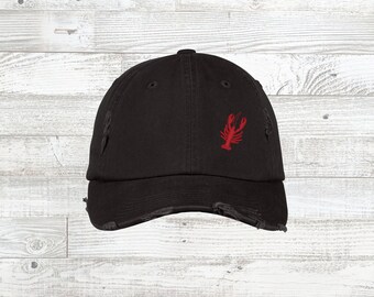 Embroidered Lobster Hat, Lobster Baseball Hat, Unique Left Side Design, Lobster Distressed Cap, Lobster Gift, Summer Vacation Hat