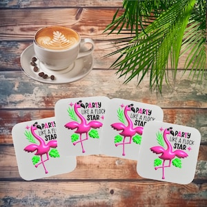 Flamingo Coasters, Party Like A Flockstar Pink Flamingo Gift, Flamingo Drink Gift, Funny Flamingo Drink Coasters