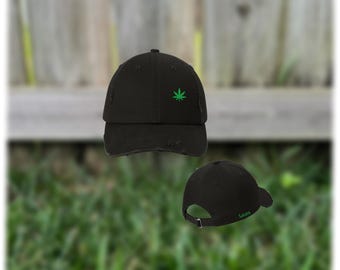 Personalized Embroidered Marijuana Leaf Distressed Hat