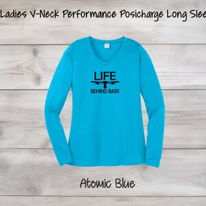 Life Behind Bars Ladies Long Sleeve, Women's Long Sleeve Biking Shirt, Bicycle Women's Long Sleeve, Cyclists Gift Blue w/Black Print