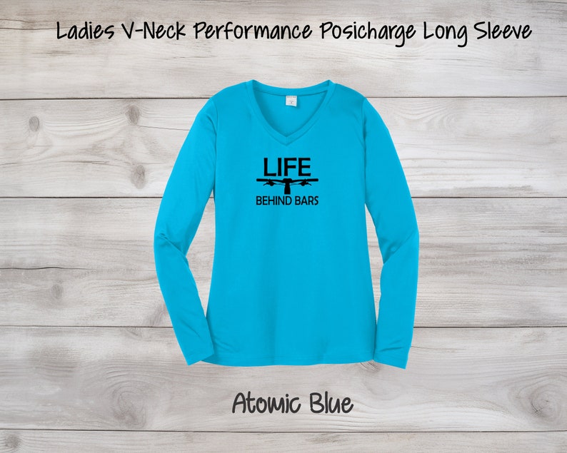 Life Behind Bars Ladies Long Sleeve, Women's Long Sleeve Biking Shirt, Bicycle Women's Long Sleeve, Cyclists Gift Blue w/Black Print