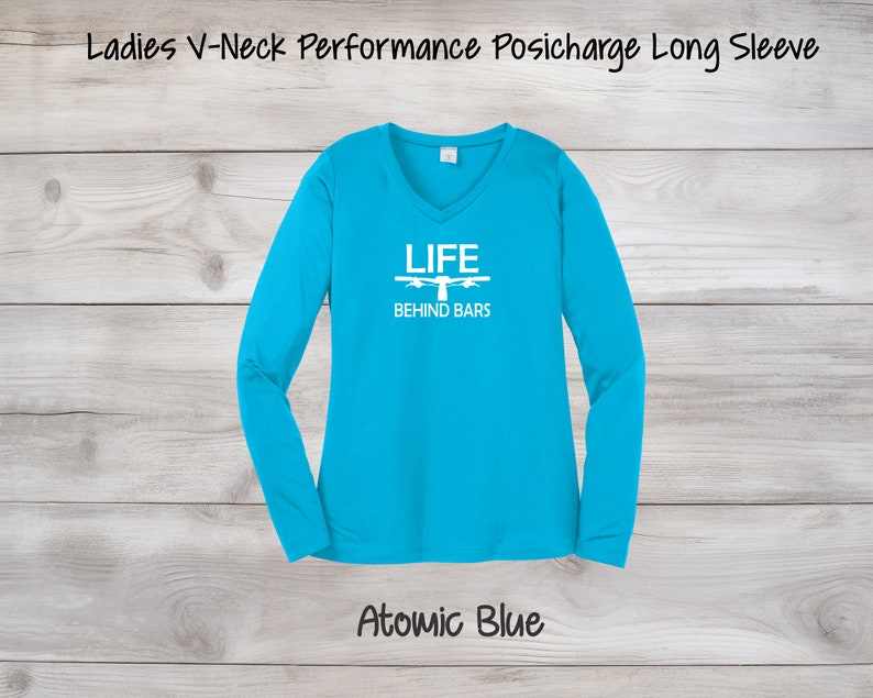 Life Behind Bars Ladies Long Sleeve, Women's Long Sleeve Biking Shirt, Bicycle Women's Long Sleeve, Cyclists Gift Blue w/White Print