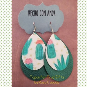 Cacti earrings - Two layers - Metallic green - Dangle Faux leather- Cactus