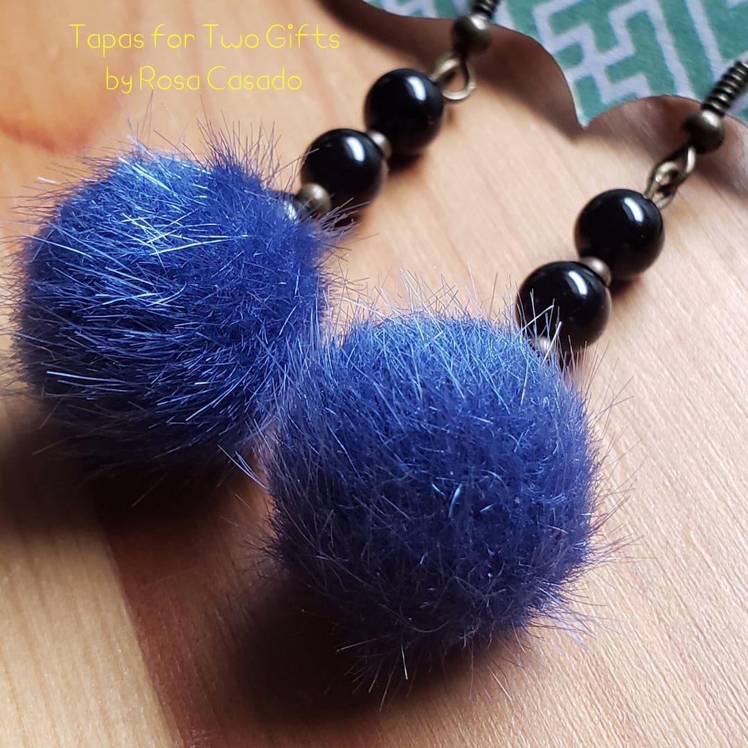 Faux Fur Pom Pom Ball Earrings With Beads Indigo Black Beads