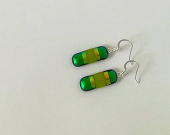Green Stripped Fused Glass earrings on Silver