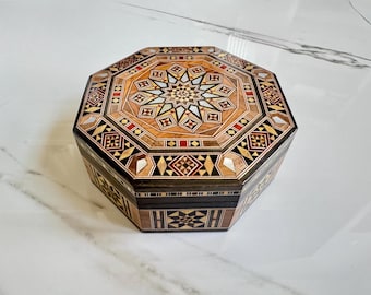 Boîte à mosaïque en noyer faite main : rangement de bijoux octogonal en bois