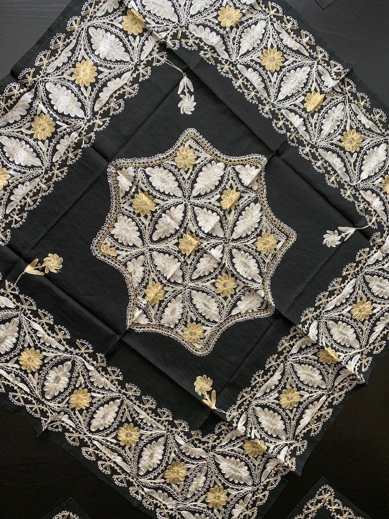Organza Black background with White /& Gold embodiment Silk Based Tablecloth for Square Tables Size: 39 x 39 inches