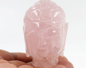 天然石 ローズクォーツ 仏頭 彫刻 オブジェ ローズクォーツの手彫り仏頭像 - プレミアム品質クリスタル - インドの