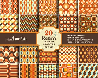 70s nostalgia retro, mid-century, scrapbook, seamless pattern, geometric background, vintage design digital paper instant download. GPR020