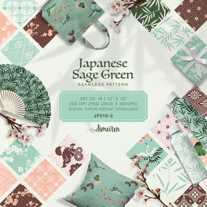Puede incluir: Una colección de papeles digitales de temática japonesa en verde salvia, con varios patrones y diseños. La imagen incluye un bolso de mano, una almohada, un abanico y cajas de regalo, todos adornados con motivos florales y de grullas. El texto dice "Japanese Sage Green Seamless Pattern".