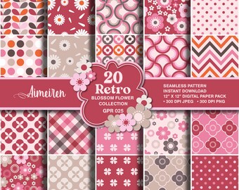 Floral Retro Digitales Papier Set: Frühlings-Muster (20 Papiere)