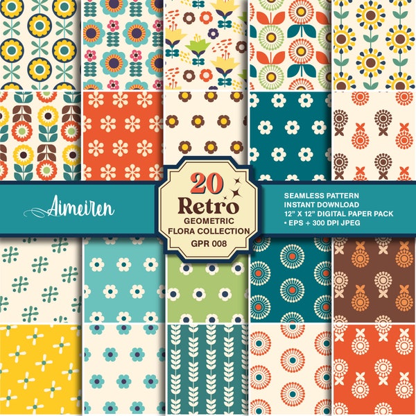 20 Retro theme floral pattern, mid century design, scrapbook digital paper, whimsy floral background, digital paper instant download. GPR008