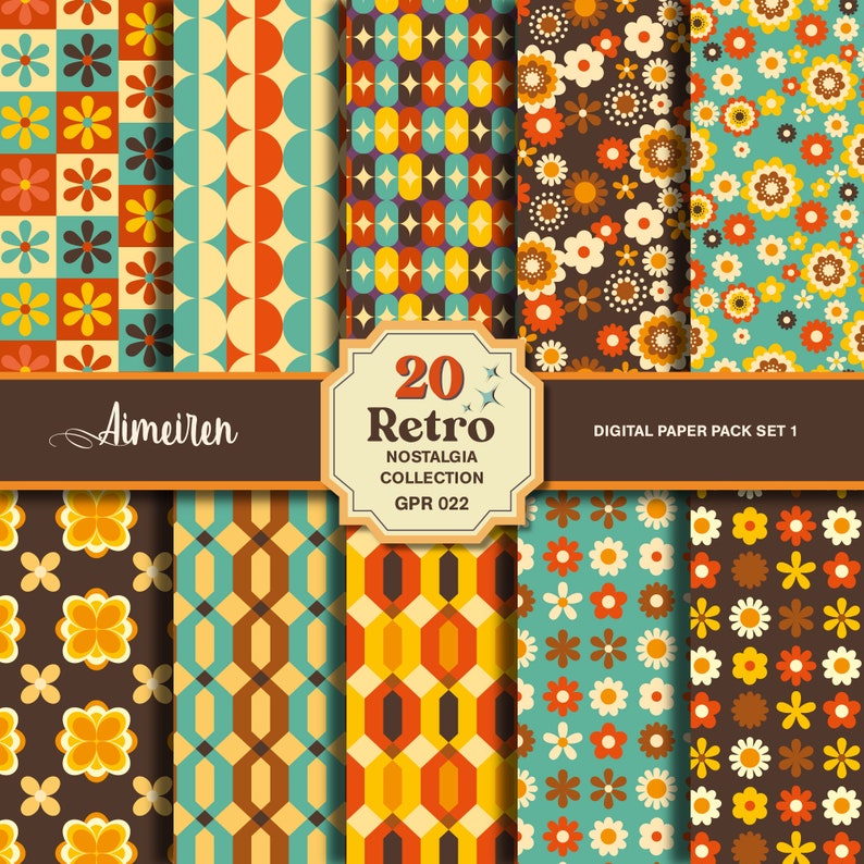 Op de afbeelding: Een set van 20 digitale papierpatronen in retro-stijl. De patronen bevatten geometrische vormen, bloemen en sterren in verschillende kleuren, waaronder bruin, oranje, geel, blauw en groen. De tekst "20 Retro Nostalgia Collection GPR 022" wordt weergegeven op een bruine banner.