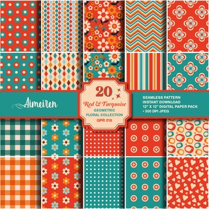 20 Mid Century Retro rot & türkis florale Kunst Papier Zubehör, Scrapbook, Sticker, Junk Journal Papier sofortiger Download. GPR016