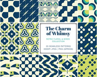 Retro Floral Digital Paper: Seamless Mint Patterns (Digital Download)