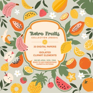 20 naadloze patronen met retro zomerfruit | 80 geïsoleerde cliparts | Sappig fruit | Citroen | Exotisch fruit vector digitaal papier direct downloaden