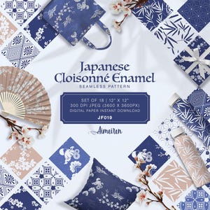 Papel japonés con estampado cloisonné / Grulla, cerezo, monte Fuji / Patrón sin costuras en beige y azul claro / Fondo Yagasuri y Kanoko / Imprimible