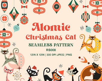 Op de afbeelding: Een naadloos patroon met een retro kerstthema met atoom-stijl katten, ornamenten en sneeuwvlokken. Het patroon is in tinten rood, groen, geel en zwart op een crème achtergrond. De tekst "Atomic Christmas Cat" en "Seamless Pattern" is opgenomen in het ontwerp.