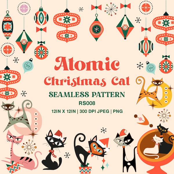 1950s Atomic Cats | Xmas Scrapbook Kit | Retro Atomic Cats | Festive Decor | Cats Seamless Patterns digital paper instant download. RS008