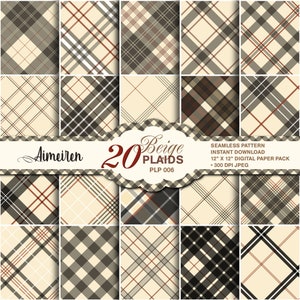 20 Beige Plaid Digital Papers: Classic Tartan Patterns (Digital Download)