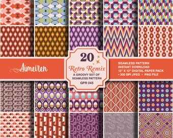 Papel digital con estampado retro de los 70: Diseños geométricos sin costuras (descarga digital)